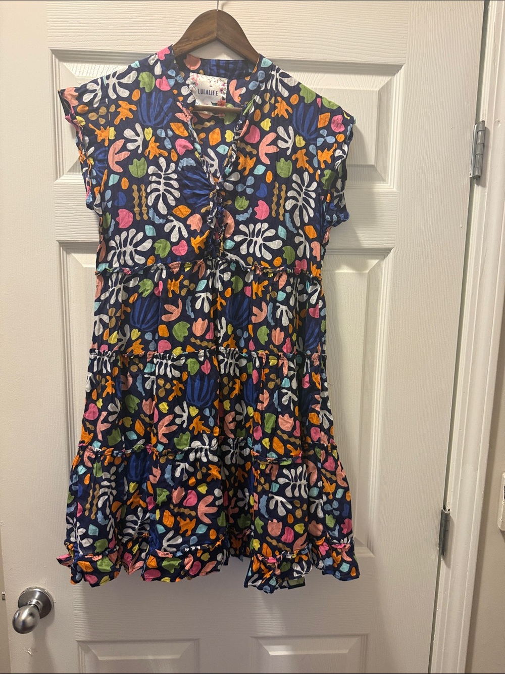 LulaLife Navy Multicolor Leaf Print Tiered Dress